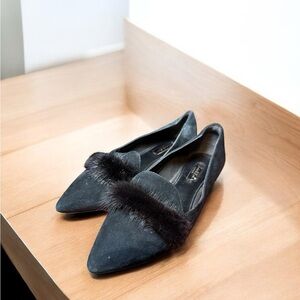 Charles & Keith Collection Black Suede Flats Faux Fur Trim size 8